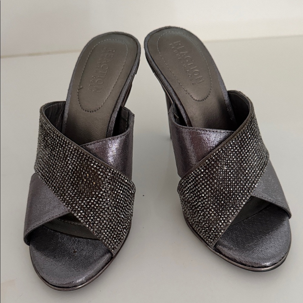 Kenneth Cole Reaction Metallic Charcoal Crystal-Embellished Slide Mules
